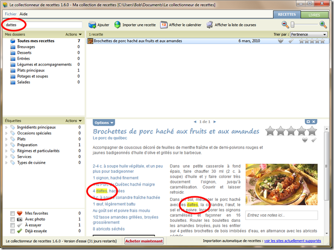 Le logiciel mets les mots clés recherchés en surbrillance dans la recette.